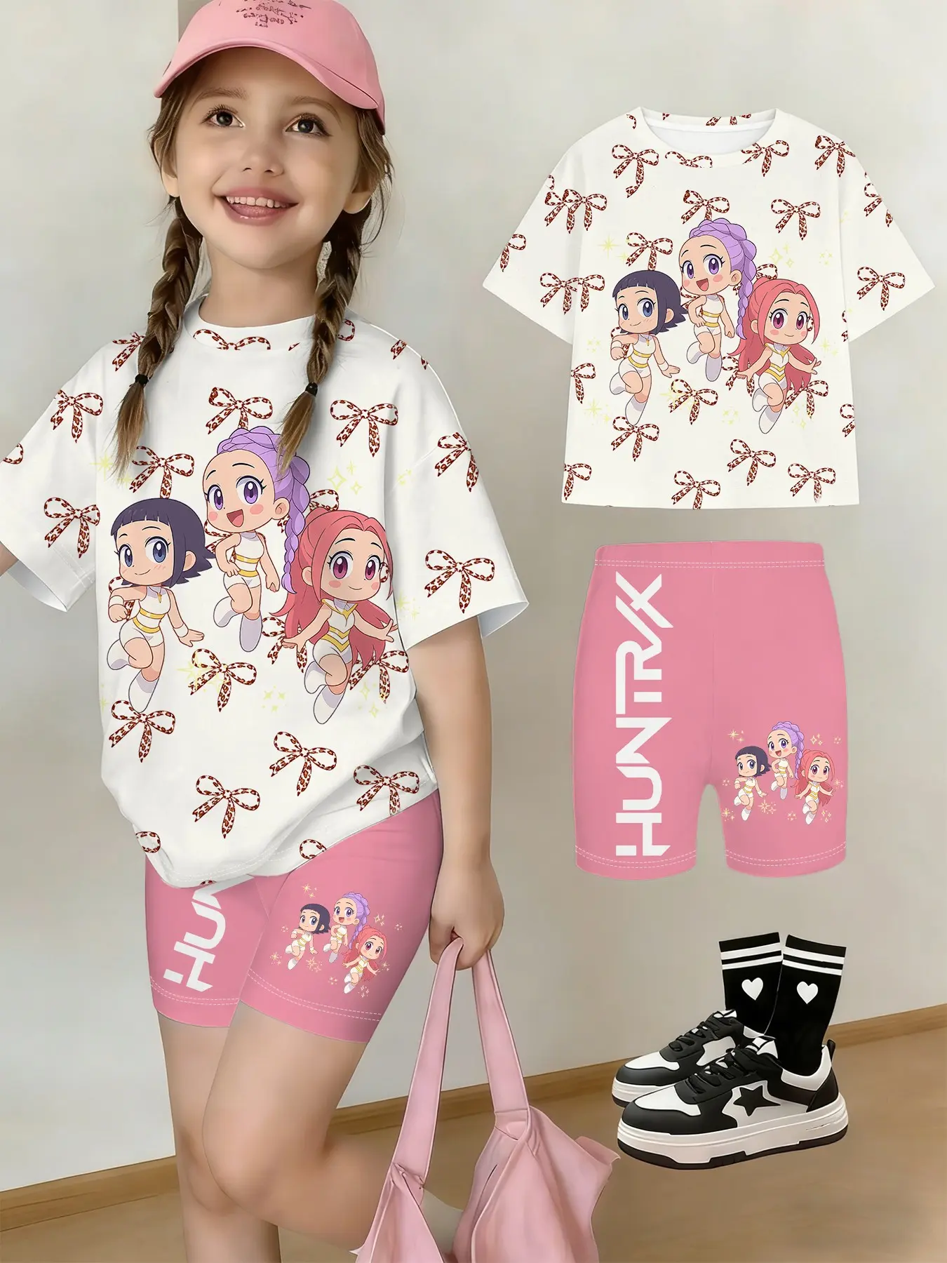 Girls' Summer T-Shirt and Shorts Set, Butterfly All over Print, Casual Streetwear, Perfect Gift for Kids, Outdoor Friendly