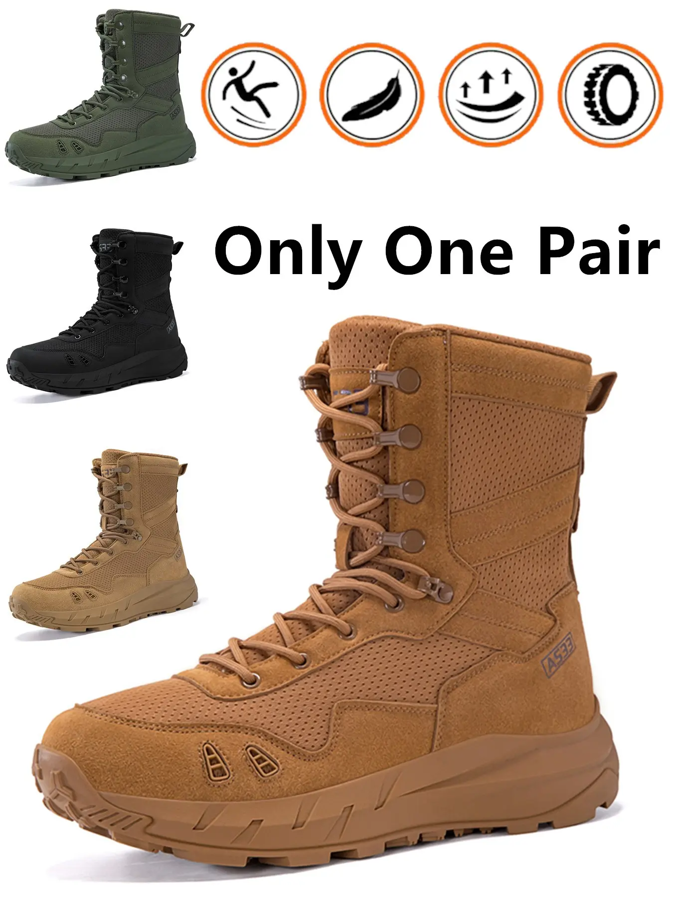 Men's All-Season Tactical Workwear Boots, Side Zipper, Rubber Sole, Breathable Mesh, Durable, Suitable for Desert, Jungle, Mountain Patrol