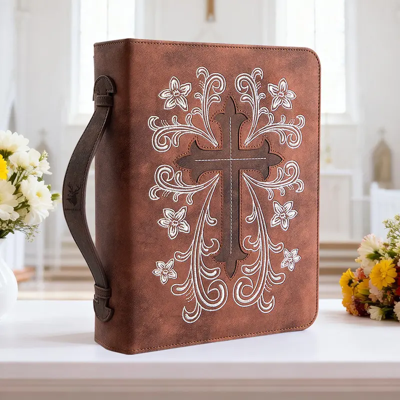 Vintage Cross Embroidery PU Leather Bible Cover With Carrying Handle Large Capacity Zippered Bible Folio Case With Multiple Pockets Card Slots Mesh Pocket Beige Lining Religious Christian Gift For Women Girls Churchgoers