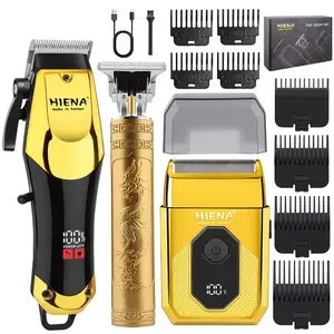 HIENA 3-piece men's electric hair clipper, including electric push clipper, carving clipper, and razor, men's beauty set, cordless portable USB rechargeable with cloth comb, perfect gift for men