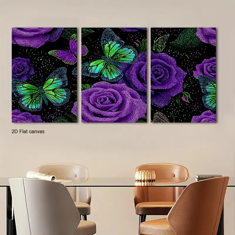 Purple Rose And Butterfly Wall Art 3-Piece Canvas Wall Art - Framed, Ready To Hang - For Living Room Bedroom - Perfect Gift For Her Christmas New Year - Wall Decor, Home Decoration