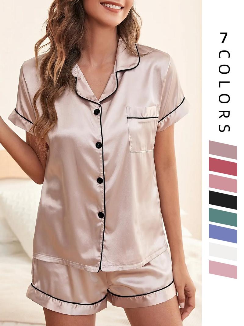 Two/Four/Six Counts Women's Satin Pyjama Lounge Co-ord Set, Lapel Collar Button Front Pocket Blouse & Contrast Binding Elastic Waist Pj Shorts Pajama Set, Lady Homewear for Summer, Back To School Wear Black Girl Wear Valentine's Day, gift