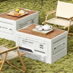 Storage box for outdoor camping, foldable box for car trunk, multifunctional storage box with wooden lid, organizing box