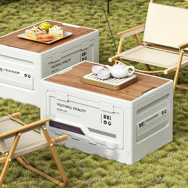 Storage box for outdoor camping Picnic, foldable box for car trunk, multifunctional storage box with wooden lid, organizing box