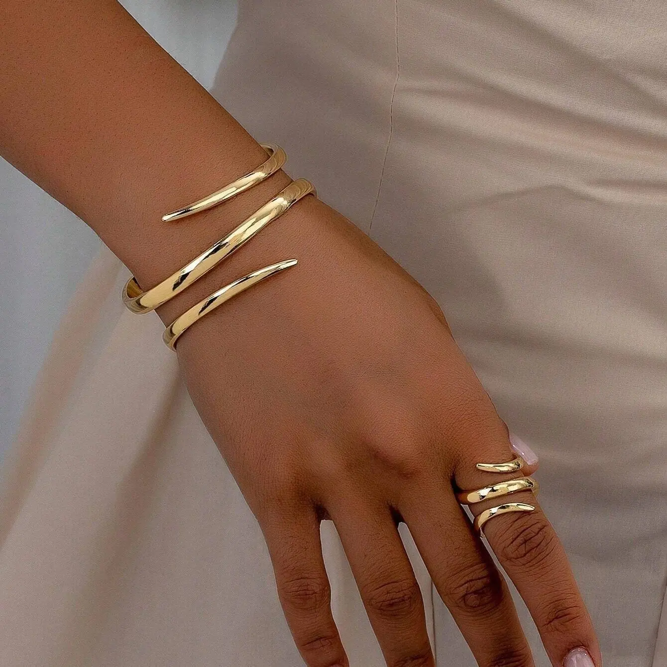 Unisex Designer Gold 2-Piece Jewelry Set - Geometric Edgy Bold Open Cuff Bangle & Ring Set for Engagement, Two Piece Set