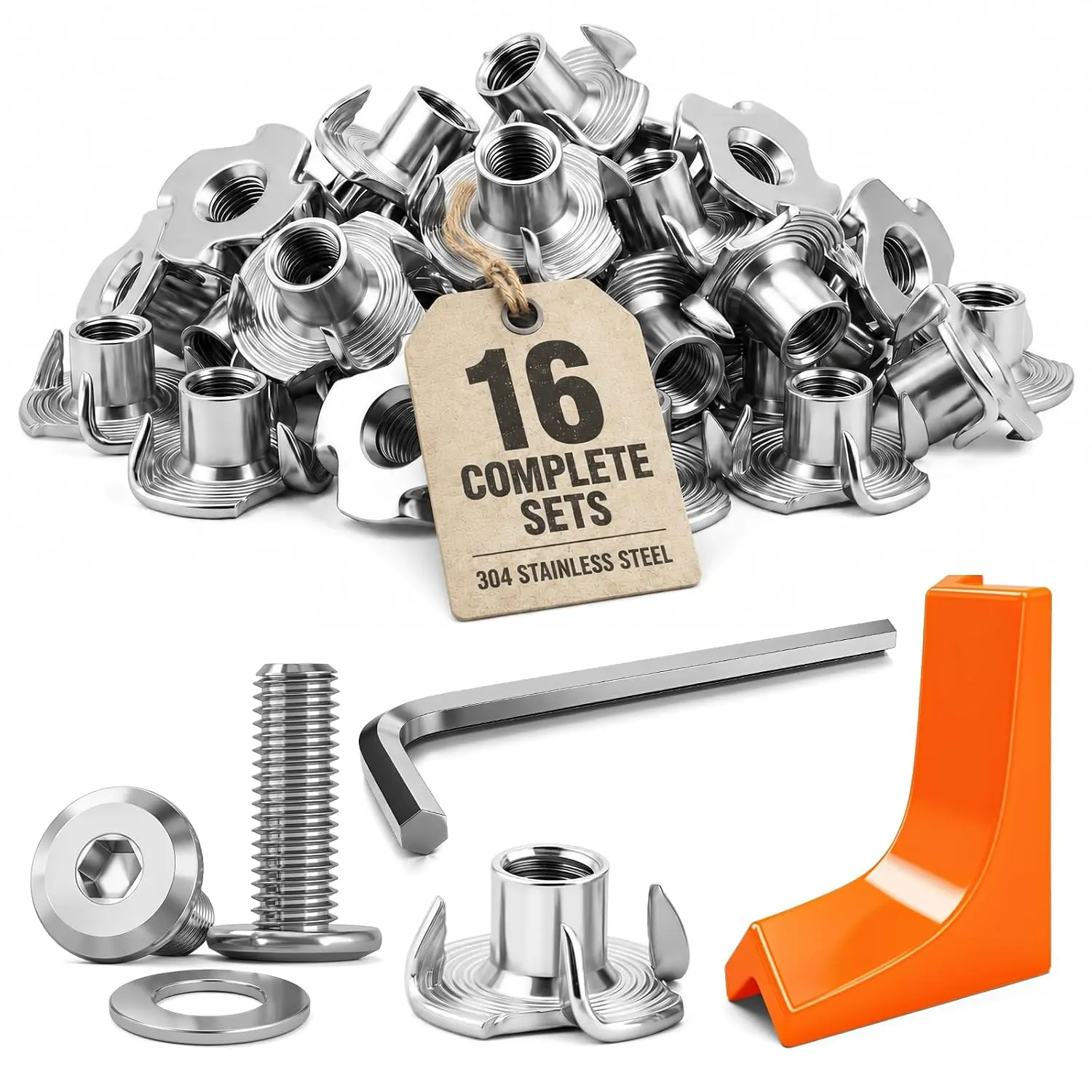 1/4"-20 T-Nut Installation Kit with Drill Guide, 16-Set 304 Stainless Steel | Complete installation kit with drill guide for straighter holes, secure fastening, and  DIY assembly