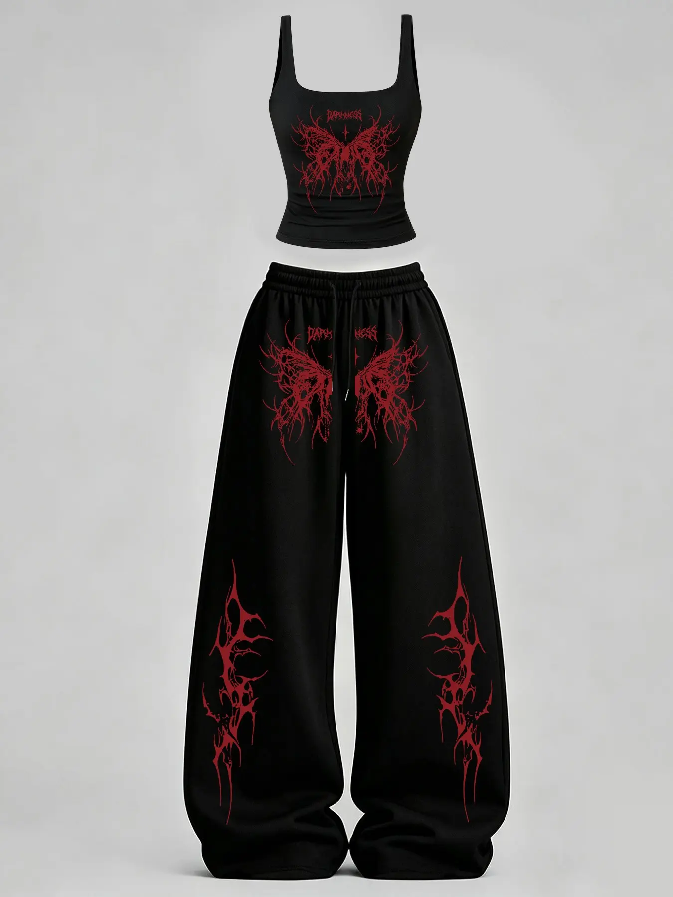 Women's Casual Tank Top Set, Slim-Fit U-Neck Backless Vest & Loose Long Pants, Butterfly Spider Web Print, Y2K Street Style