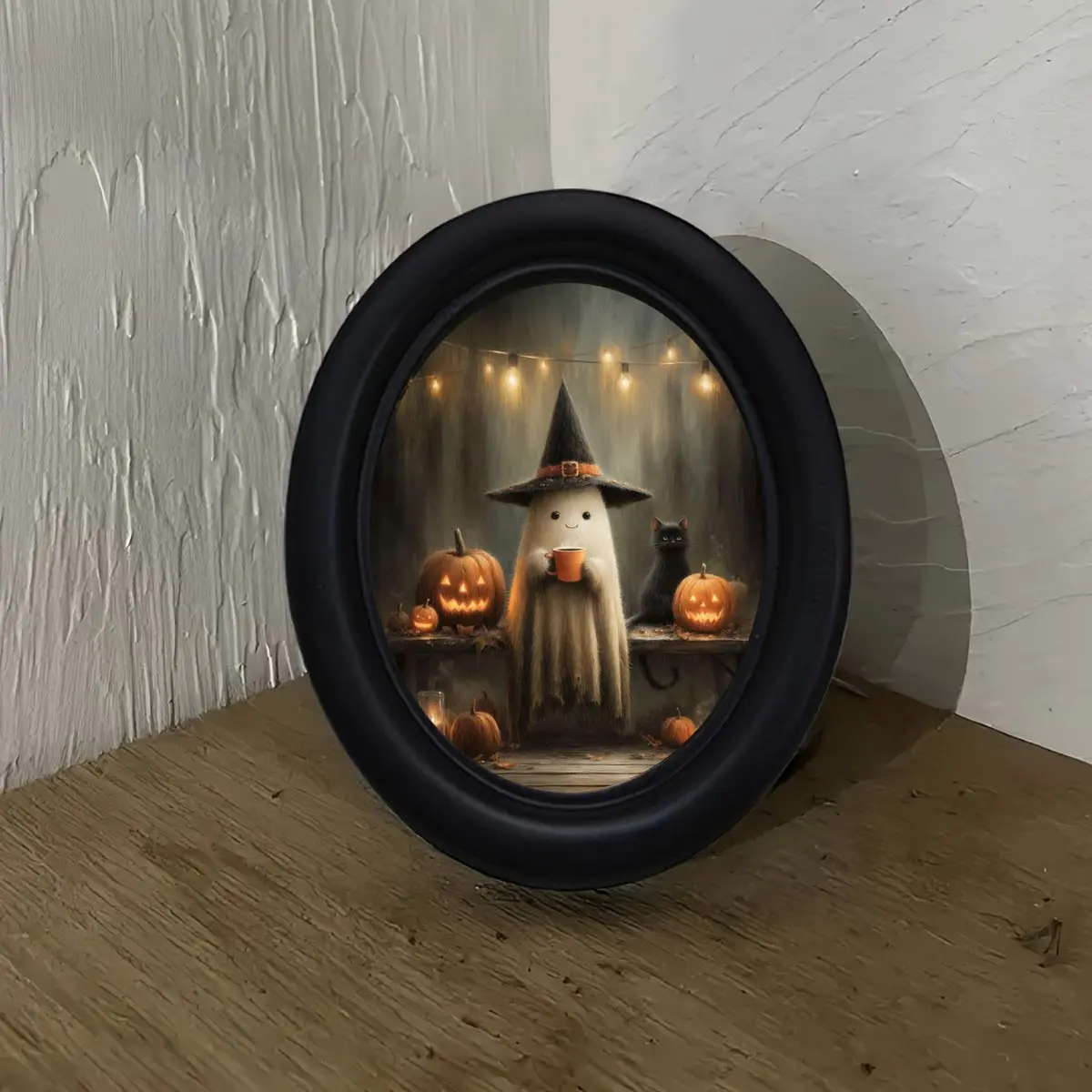 Vintage Halloween Ghost Coffee Cat Artistic Decorative Painting, Oval Frame Wall Art for Home Office, Perfect for Holidays