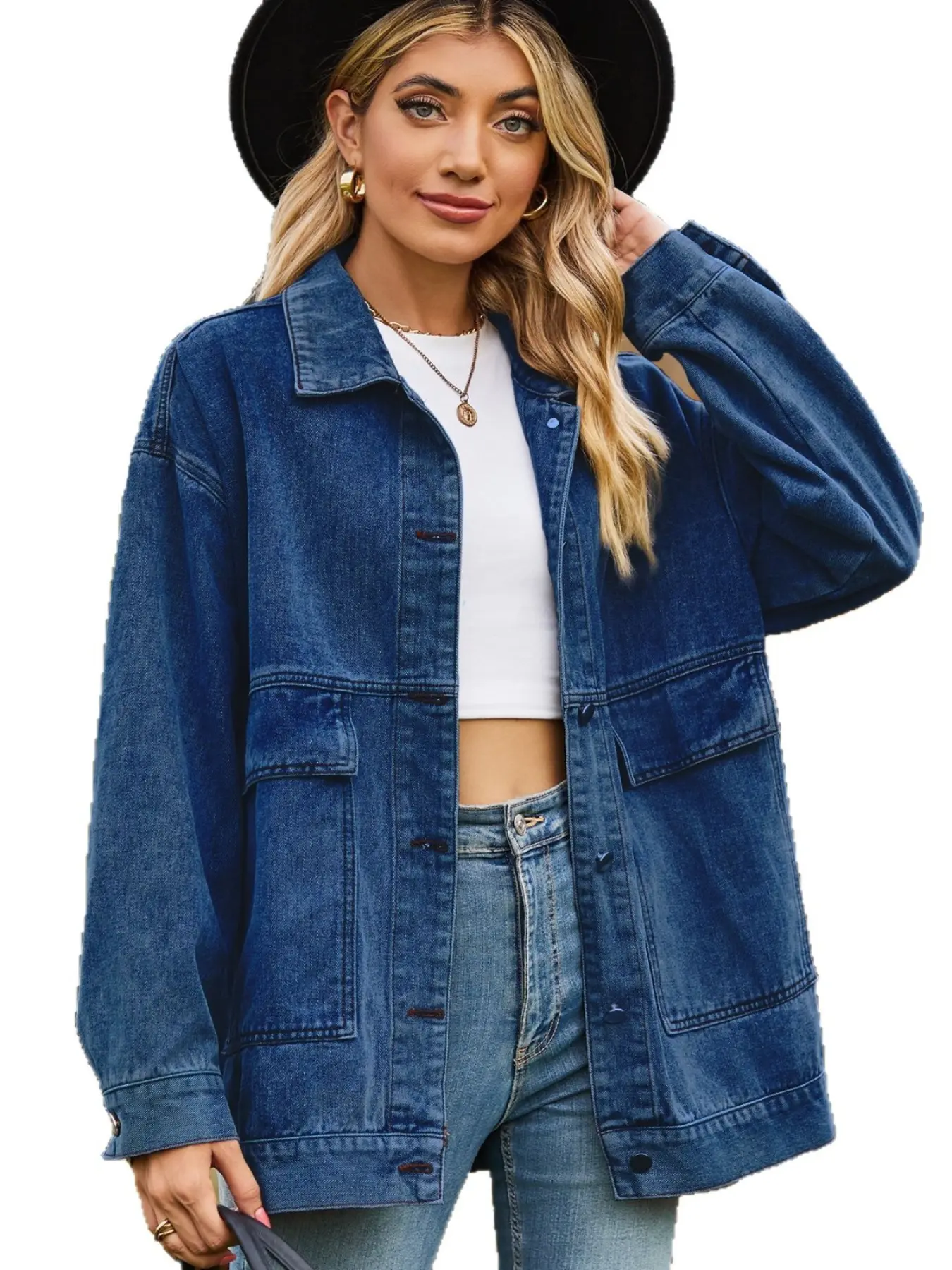 Women's Loose Fit Washed Denim Jacket, Turn-Down Collar Drop Shoulder Long Sleeve, Single Button Three-Dimensional Large Pocket, Casual Top