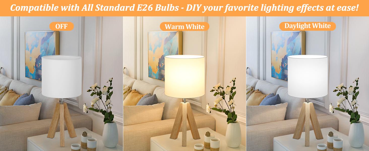 Small Beside Table Lamp Modern Mood Lighting Led Nightlight Wood Tripod Table Lamp with White Fabric Shade Cute Boho Nightstand Minimalist Desk Lamp for Bedroom Living Room Nursery Kids Room Office Dorm