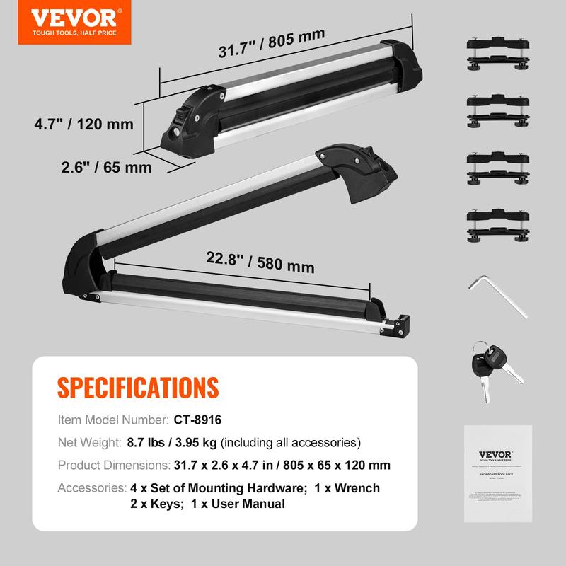VEVOR Ski and Snowboard Roof Rack, 31.7-Inch Universal Ski Rack for Car Roof Fit Most Crossbars, Carry up to 6 Pairs of Skis or 4 Snowboards, Aluminum Snowboard Ski Rack with Lock & Rubber Padding