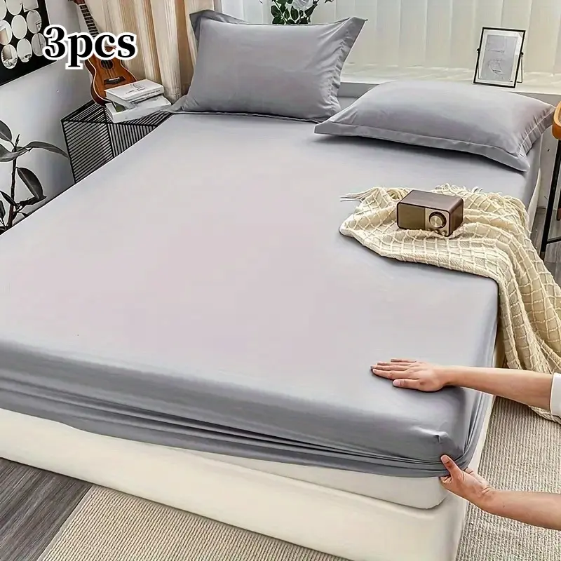 3pcs Solid Color Fitted Bed Sheet (1Fitted Sheet+2 Pillowcases) with Soft And Comfortable Fabric. Multi Color Mattress Protective Cover And Machine Washable Mattress Cover Are Suitable for Bedrooms, Guest Rooms, And Dormitories.