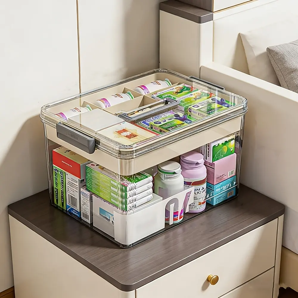 1 large transparent plastic medicine box with lid and handle - multi-layer design. Suitable for storing medicines. With a large capacity, it is ideal for organizing in family bedrooms and bathrooms. - Portable medicine cabinet storage box