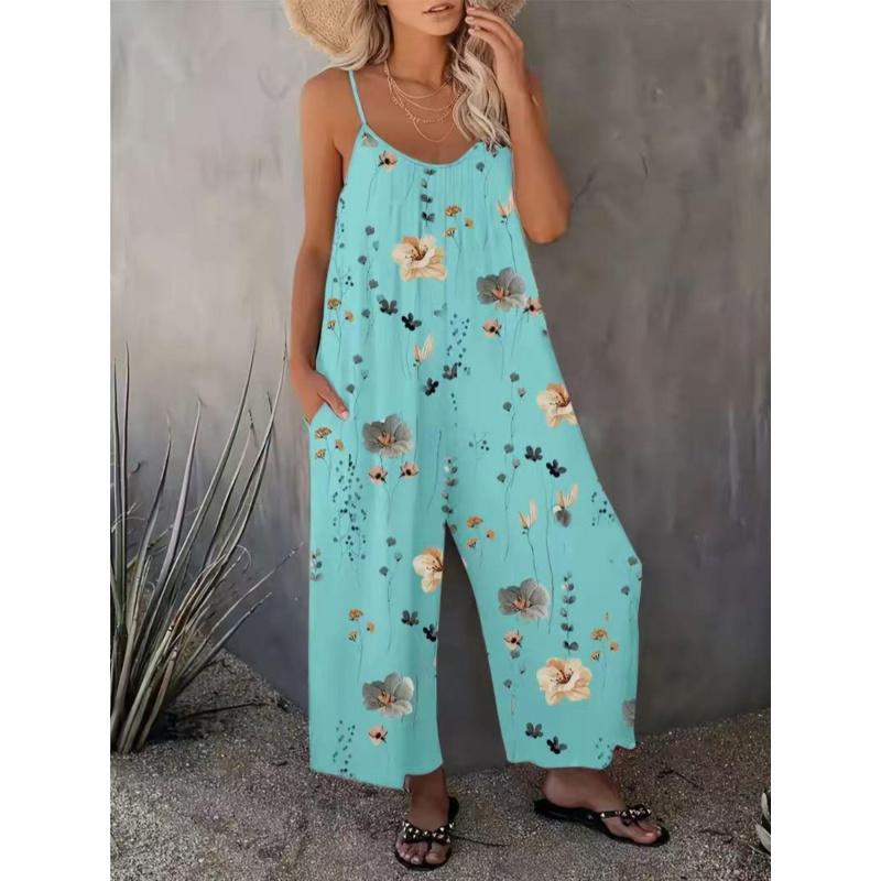Comfortable Loose Jumpsuit U Neck Ruched Fit Sleeveless Floral Pocket Design Perfect Vacation Selection Precise Tailoring Casual Summer Beach Holiday Travel Resort Outfit Women'S Romper Jumpsuit With Pockets Flowy Beach Cover Up Summer Clothes 2026