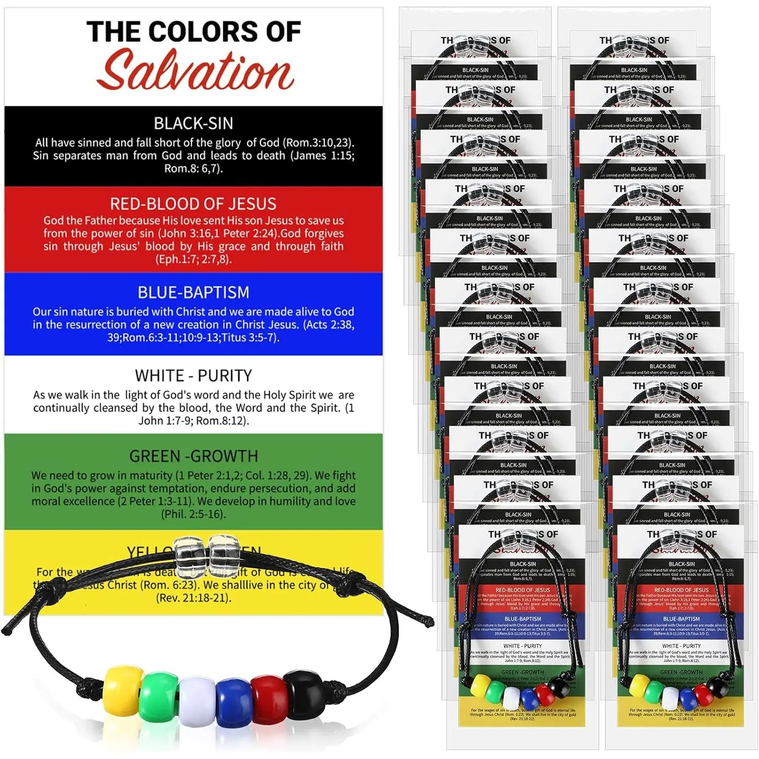 300 count Plan of Salvation Bracelets Bulk with Prayer Cards and Bags | Salvation bracelets Kit, 100 Salvation Bead Bracelets, 100 Plan of Salvation Cards, 100 Organza Bags