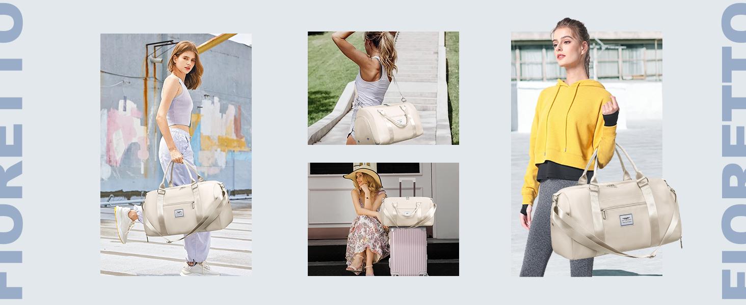 Womens Gym Tote Duffle Bag with Wet Pocket & Shoe Compartment, Sports Duffel Overnight Weekender Hospital Workout Carry on Bag for Girls, Ideal for Travel, Swimming, Dance, Ballet Beige