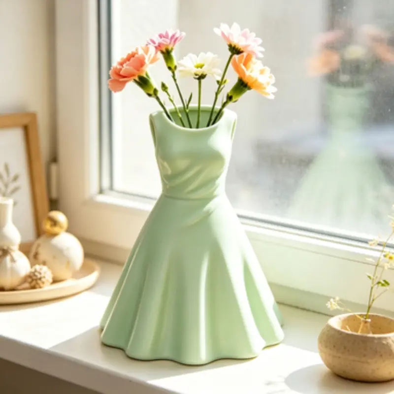 Modern Dress-Shaped Flower Pot with Skirt Base - Elegant Window Sill Planter Suitable for /Outdoor Use, Lightweight Plastic Suitable for Fresh/Dried Flowers, Desktop Storage Cylinder for Living Room,, Table Centerpiece, Decorative Flower Pot