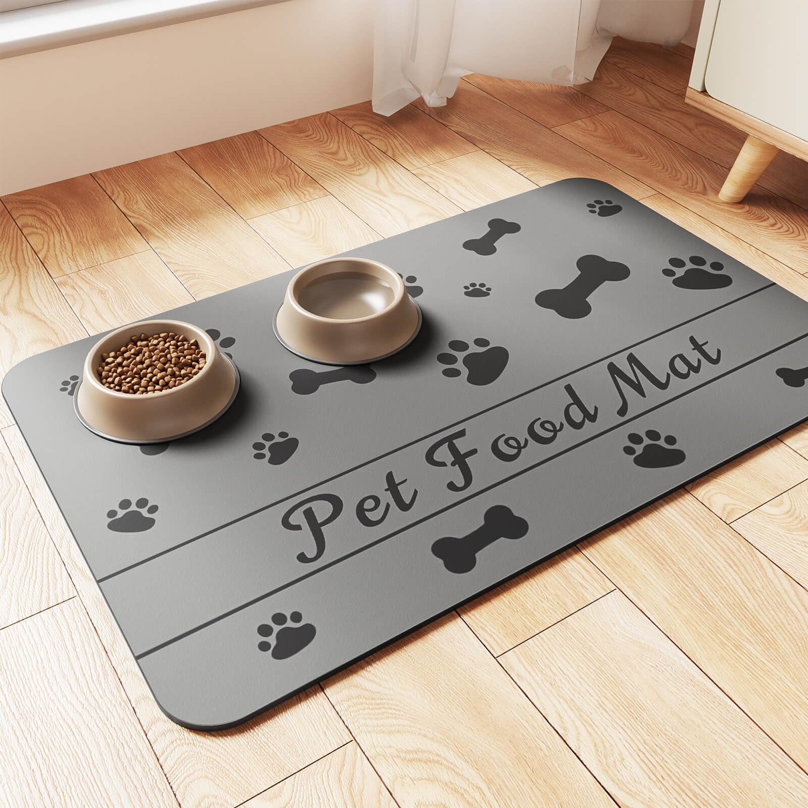Quick-Dry Absorbent Pet Feeding Mat for Dogs & Cats, Non-Slip Waterproof Rubber Base, Stain Resistant, Dark Polyester Surface for Food & Water Bowls, Indoor Use