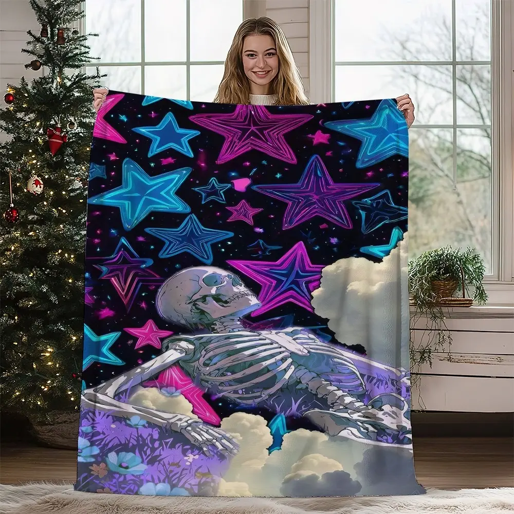 1PC  Colorful Starry Skeleton Blanket for Couch and Bed Luxurious Softness Perfect for Relaxing Winter Nights or Decor Flannel blanket, throw blanket, extra-large blanket, cartoon printed blanket
