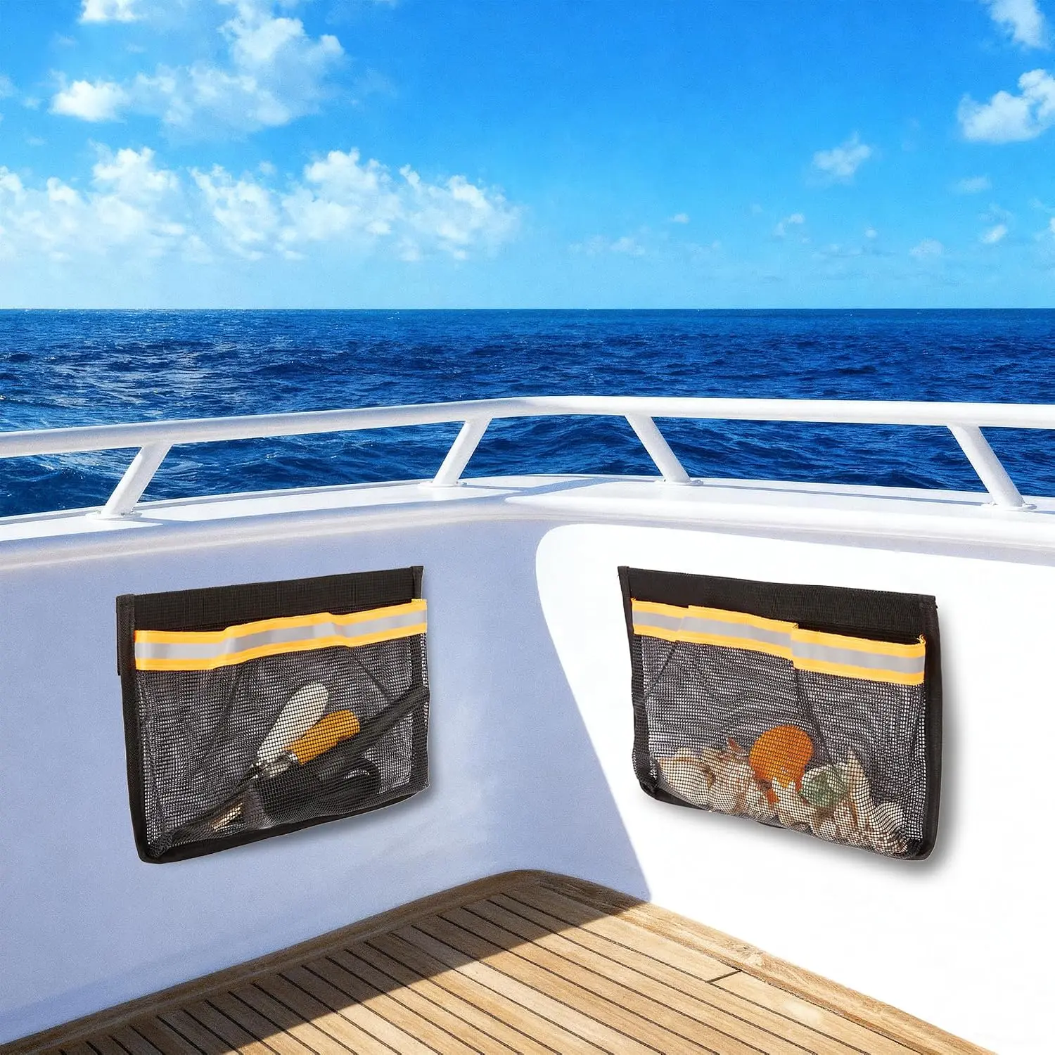 Boat Storage Accessories, 2 count Self-Adhesive Boat  Organizer Mesh Bag, 10"x7" Closable PVC Reflective Organizer, for Gloves, Tools, Tackle, Gear