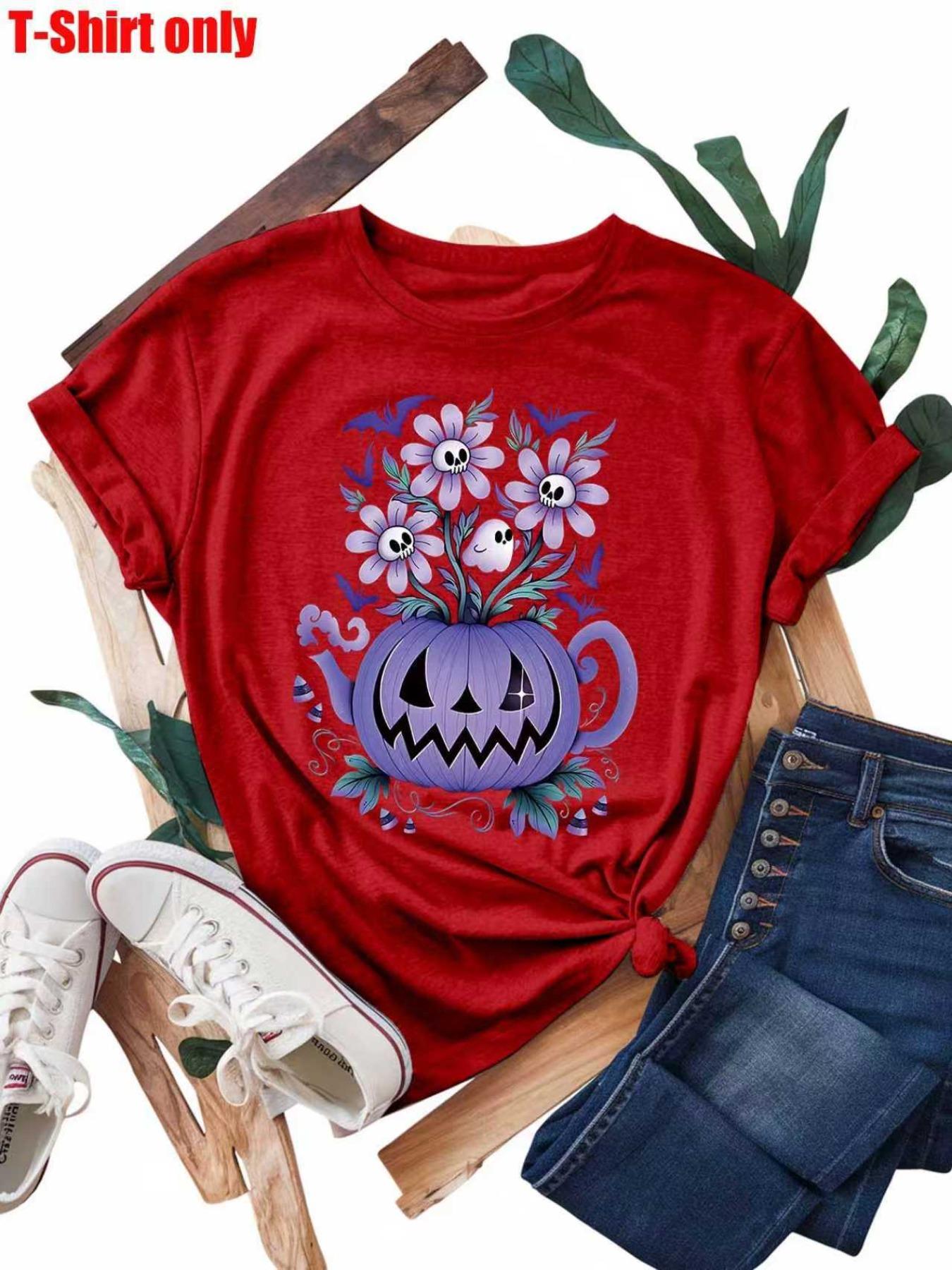 【Plus Size】 Pumpkin & Floral Print Round Neck Tee, Casual Halloween Graphic Short Sleeve T-shirt for Daily Wear, Women Plus Clothing for All Seasons