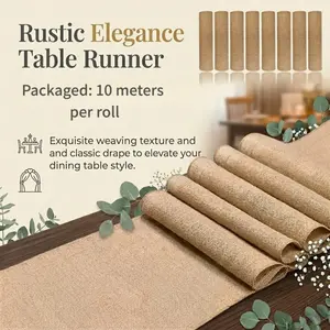 10M/Roll Natural Burlap Table Runner, Rustic Raw Jute Fabric Table Decor for Wedding, Farmhouse Dining, Party Event Decoration