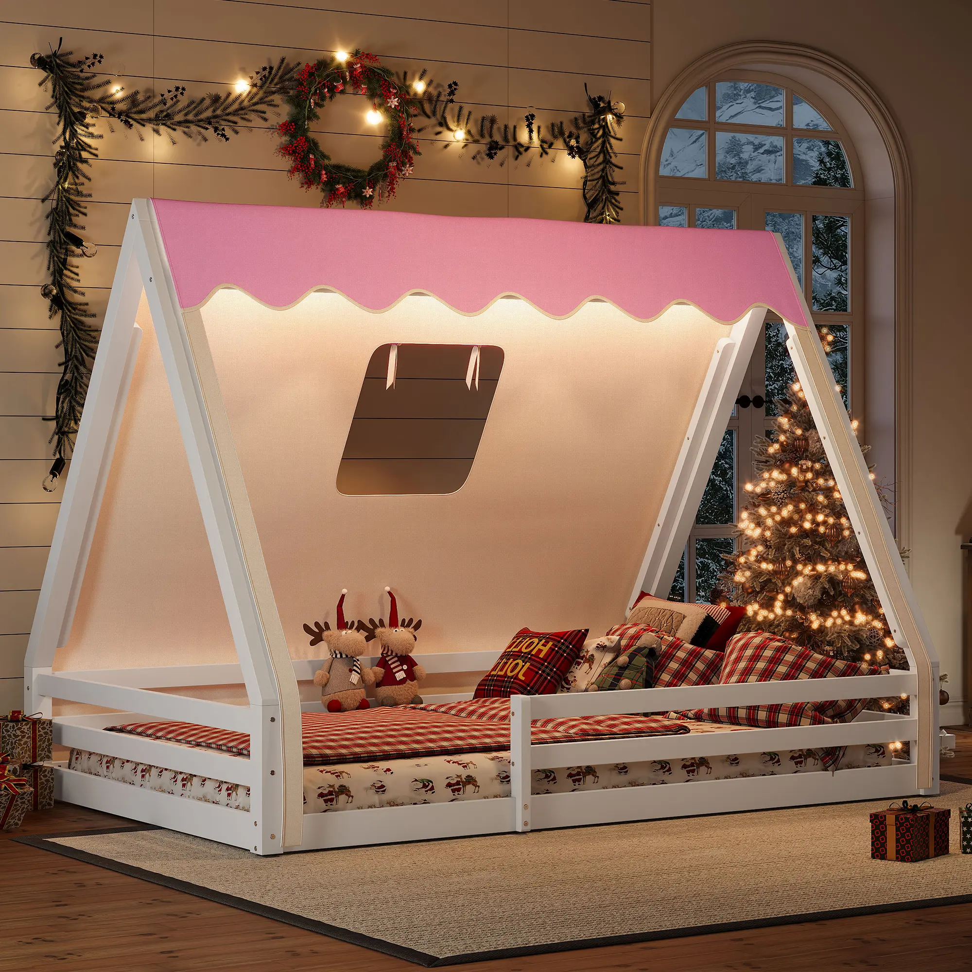 ARCH Full Size House Floor Bed with Tent and Light, Solid Wood Teepee Montessori Bed with Full-Length Guardrails, White and Pink Kids Toddler Bed for Bedroom Playroom, Childlike Design Floor Bed Frame, Bedroom Furniture for Bedroom, Guest Room