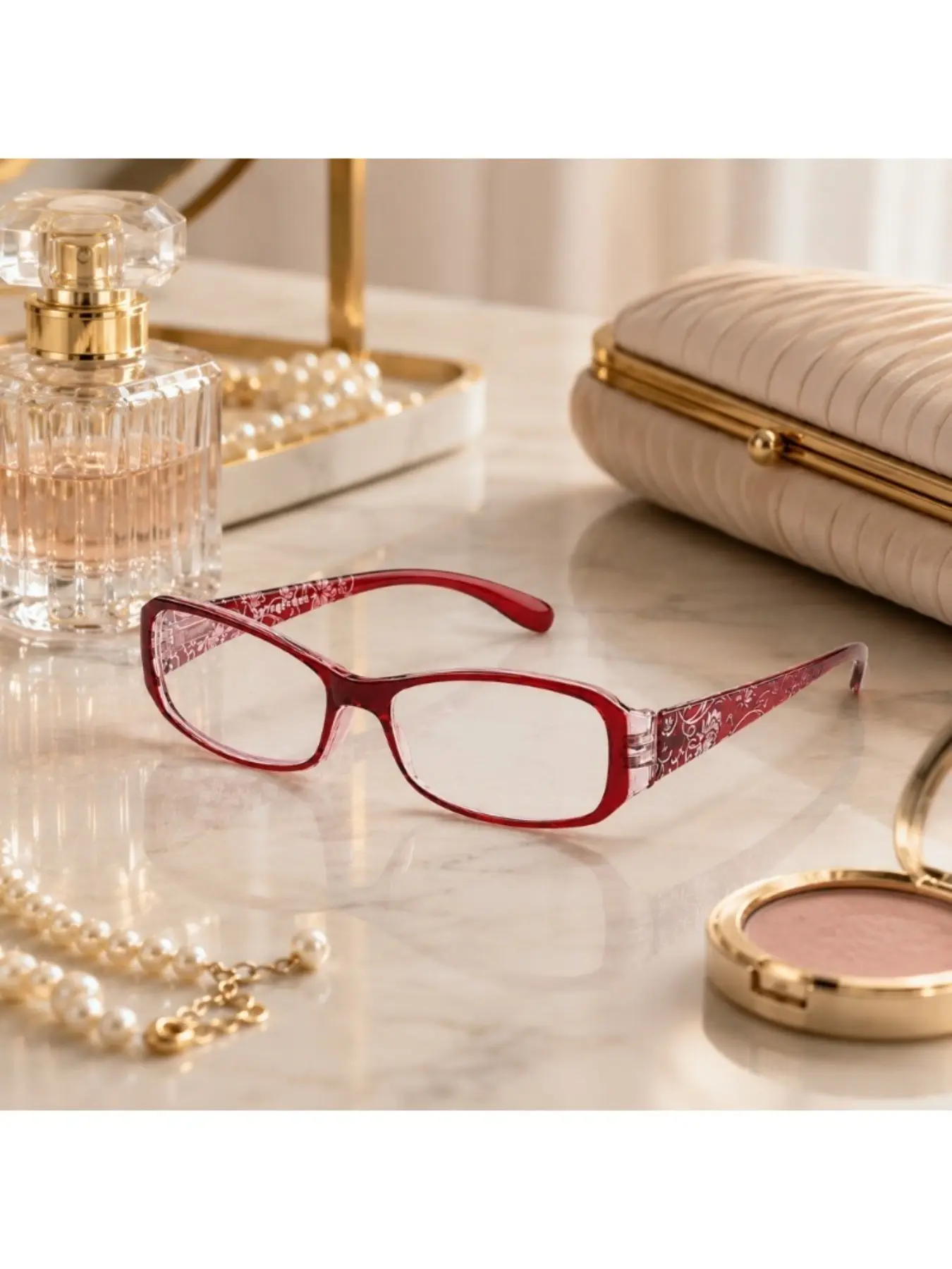 Red Floral Rectangle Clear Lens Eyeglasses | Lightweight PC Frame for Office, Reading, Library, Cafe, Travel & Daily Wear | Slim Patterned Temples, Transparent Hinge Detail, Comfortable Fashion Eyewear for Women and Men