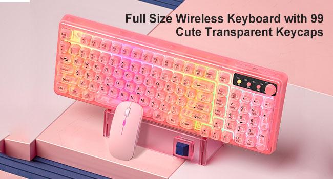 Pink Light Up Keyboard and Mouse Wireless,Cute 2.4Ghz Cordless Rechargeable Transparent Backlit Keyboard,15 Backlight Effects,Volume Knob,RGB Mouse with 3 DPI for Mac Computer PC Laptop Desktop iPad