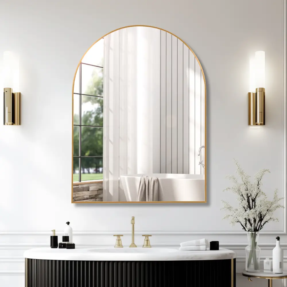 Littleox 30x40 Inch Gold Metal Framed Arched Wall Mirror, Arched Shape Mirror Wall Decor for Bathroom Indoor Use, Reflects Light Bathroom Fixture