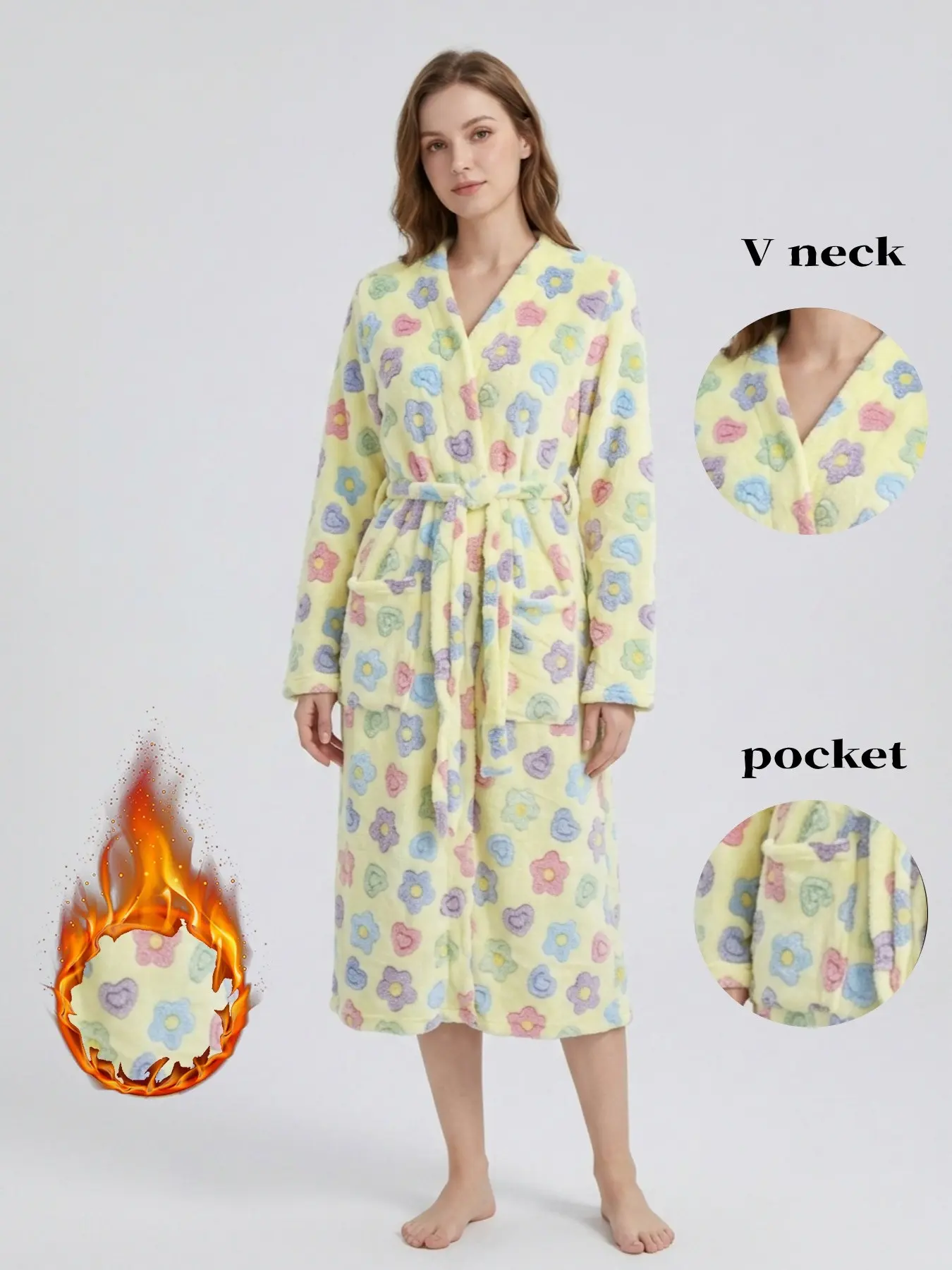 Women's Autumn Winter Floral Print Bathrobe, V-Neck Tie-Waist Loose Flannel Sleepwear, Long Sleeve with Pockets, Cozy Home Robe
