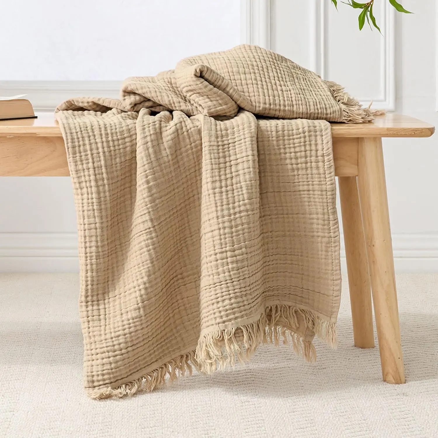 Modern 4-Layer Synthetic Fiber Muslin Throw Blanket, 50x65 in Pre-Washed Cozy Soft Lightweight Breathable Gauze Blanket for Sofa, Couch, Curds&Whey