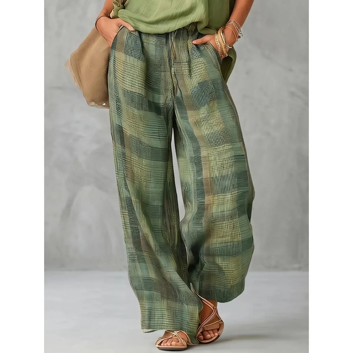 Women's High-Waisted Loose-Fit Contrast Color Plaid Pockets Polyester Bottoms, Casual Wear Pants, Trousers