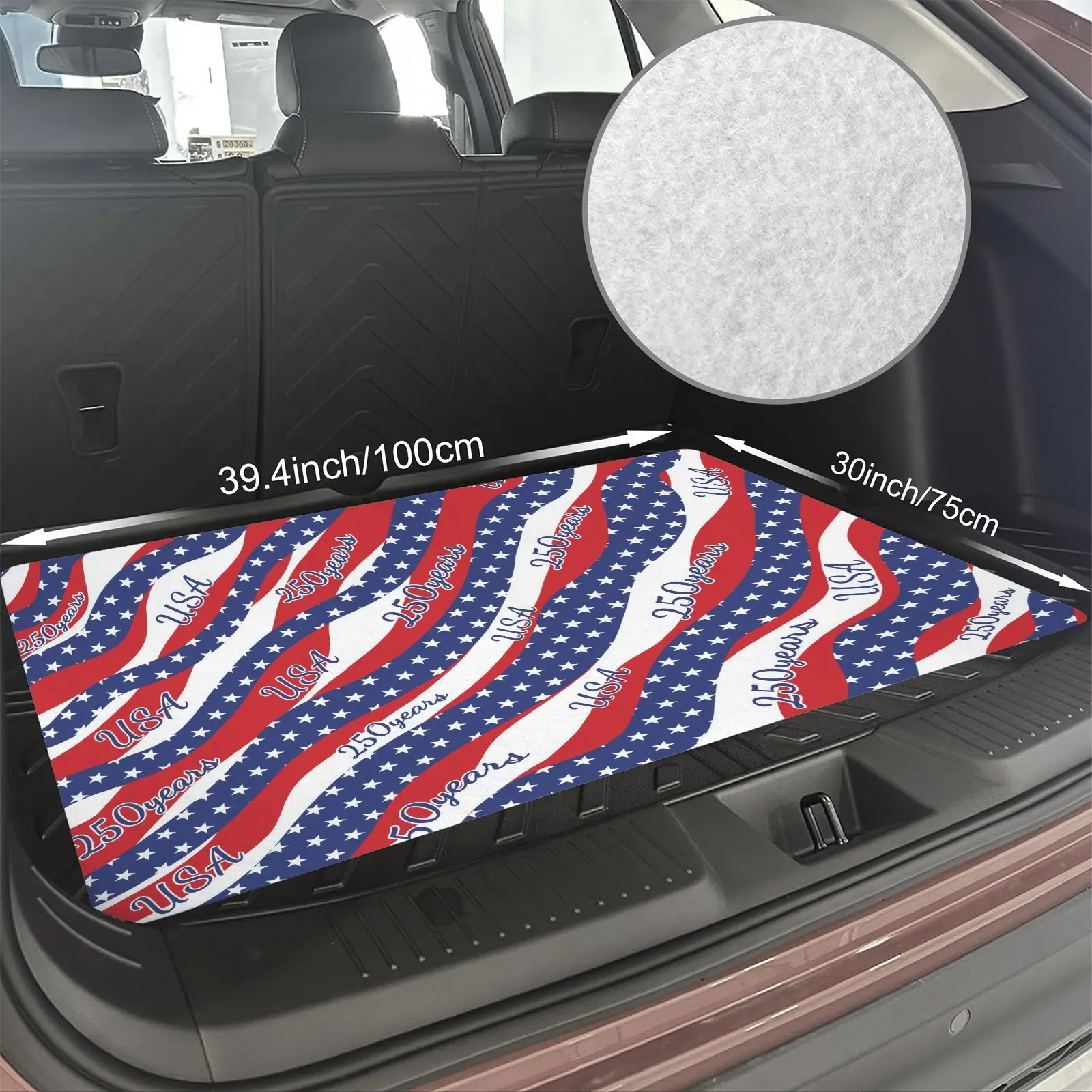 Vintage American Flag Car Trunk Mat, USA 250 Years Cargo Liner, Waterproof Anti-Slip Rubber Nonwoven Pad, Dustproof & Easy to Clean, Protects Original Car Carpet, Universal Fit for SUV & Sedan, Patriotic Car Decor for Road Trips & Holiday Travel