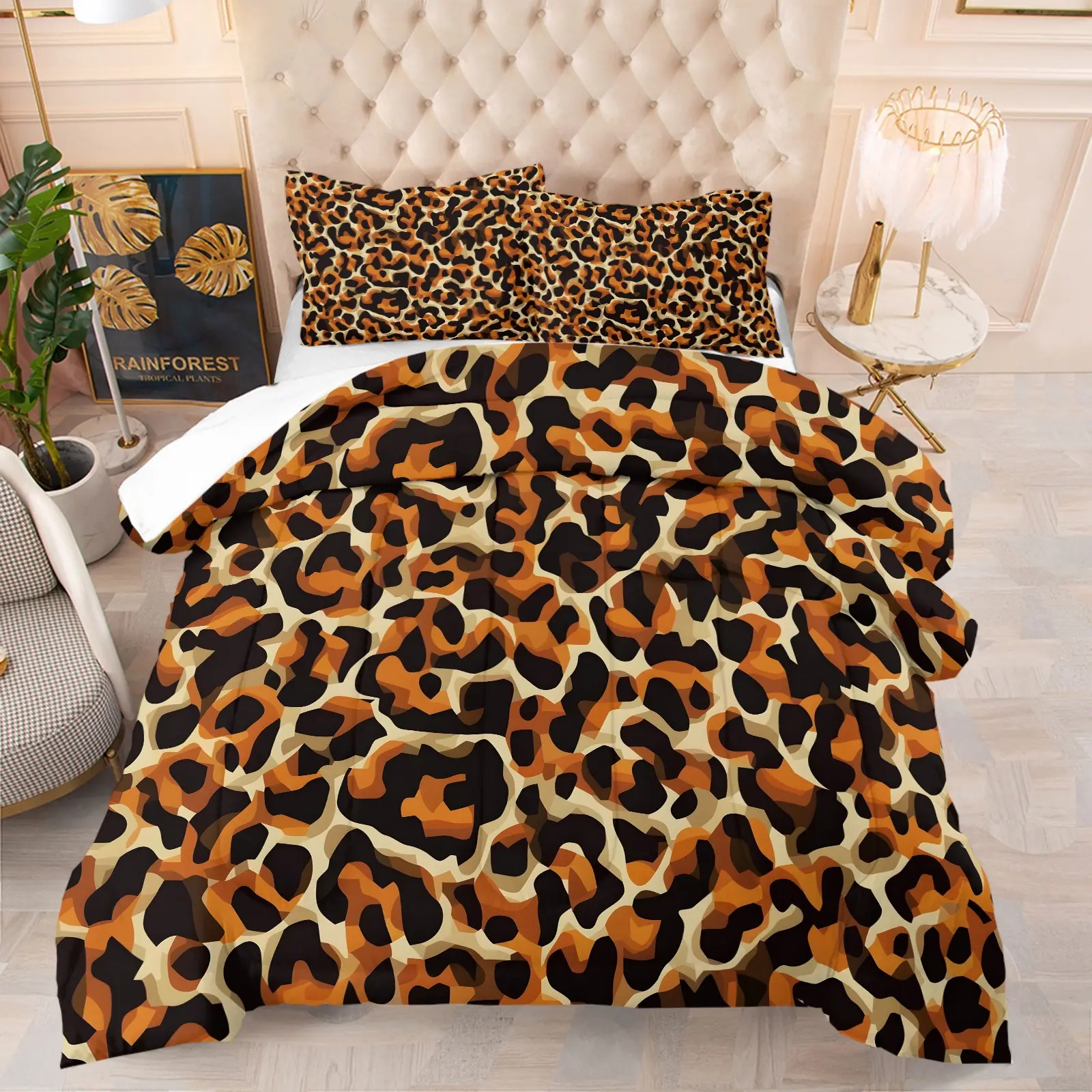 Retro Brown Leopard Spot Comforter Set, Bedding Set, Soft Animal Print Digital Quilt, U-Shaped Stitched, Machine Washable, Includes 1/2 Pillowcases - without Core, Stylish Wild Animal Print Bedroom Decor