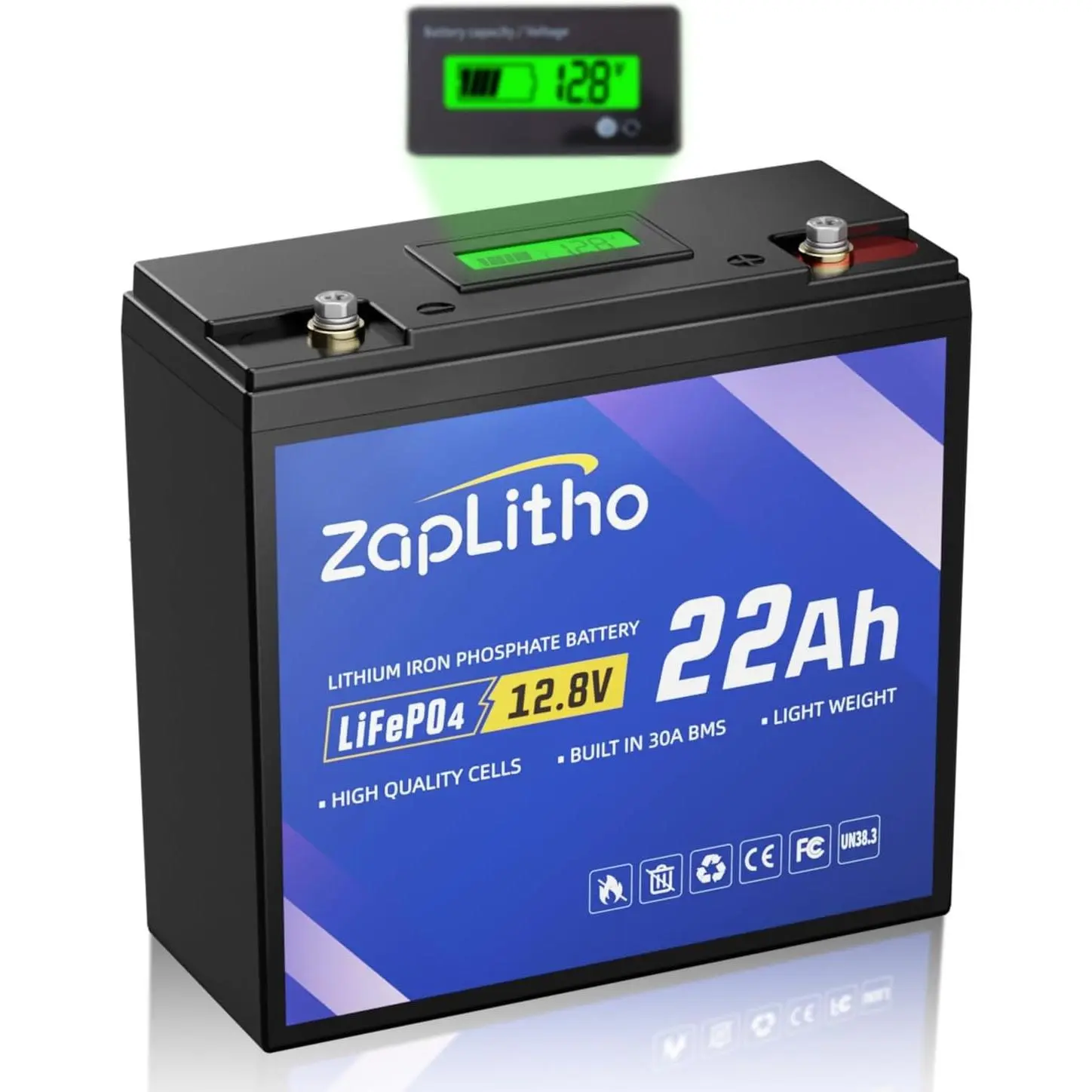 12V 22Ah LiFePO4 Lithium Battery - Upgraded Grade A Deep Cycle Cells, LCD Display, 30A BMS Protection, Compact Lightweight for Solar, Off Grid Use