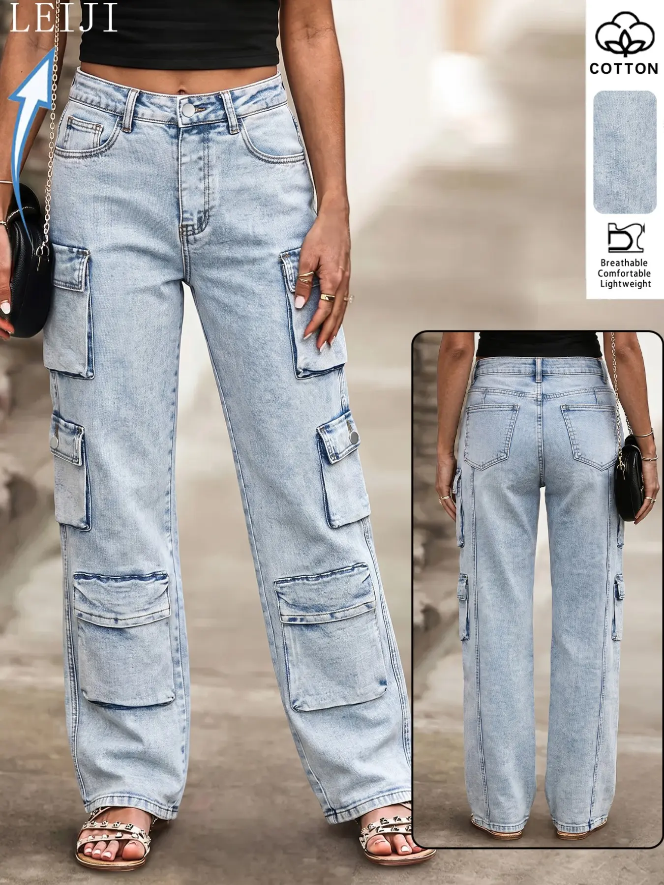 Women's Light Wash Cargo Wide Leg Jeans, High Waist Multi-Pocket Design, Loose Straight Fit, American Casual Workwear Long Pants