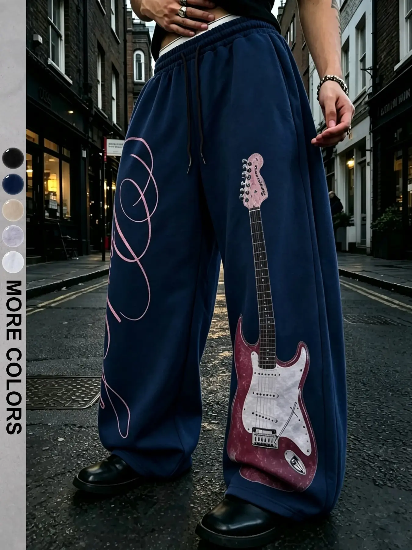 Men's American Vintage Electric Guitar & Letter Print Sweatpants | Elastic Drawstring Waist Streetwear Pants | Graphic Casual Bottoms for Daily Wear