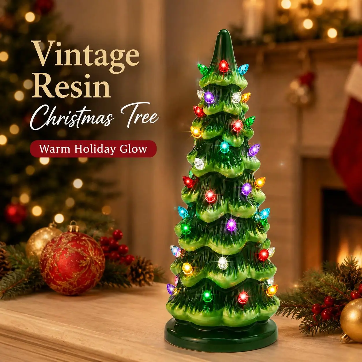 12-Inch Vintage Resin Christmas Tree, Light-Up Tabletop Decoration with Colorful Bulbs, Battery-Operated Holiday Ornament for Mantel, Desk, Shelf & Home Decor, Requires 3 AA Batteries (Not Included)