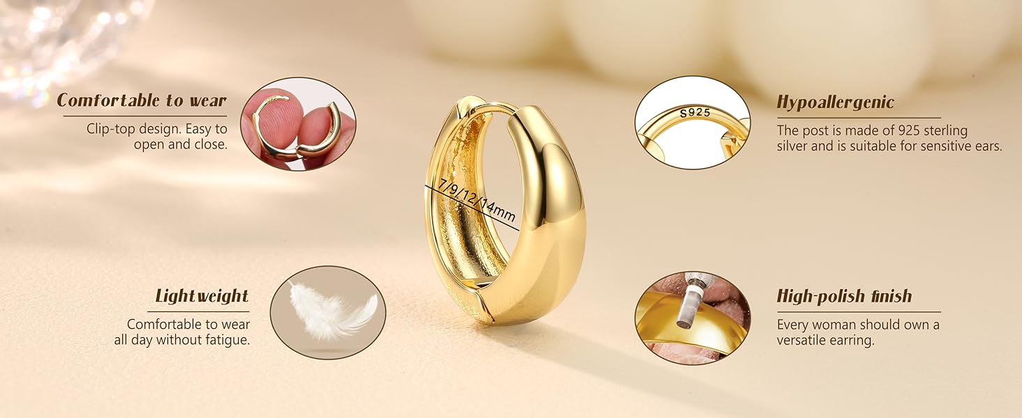 YADOCA Sterling Silver Hoop Earrings for Women Chunky 14K Plated Gold Earring Small Hypoallergenic Hoops Earring for Sensitive Ears Lightweight Huggie Thick Hoop Earrings(Gold/Silver)