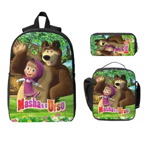 Back-To-School GiftsMasha And Bear 3PCS Backpack Set For Girls And Boys Fashion Cartoon School Bag With Thermal Lunch Box And Pencil Case Lightweight Classic Daypack For Travel Daily Use And Gift Giving