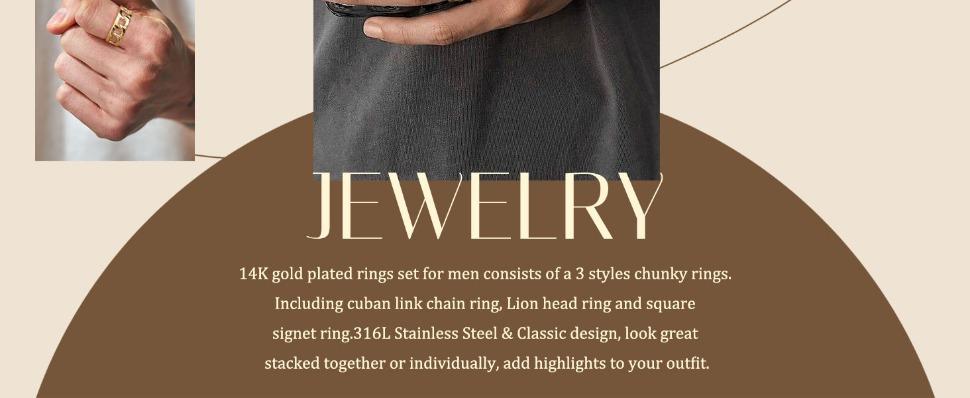 FUNRUN 3Pcs 14K Gold Plated Rings for Men Women Chunky Cuban Link Ring Size 7-15