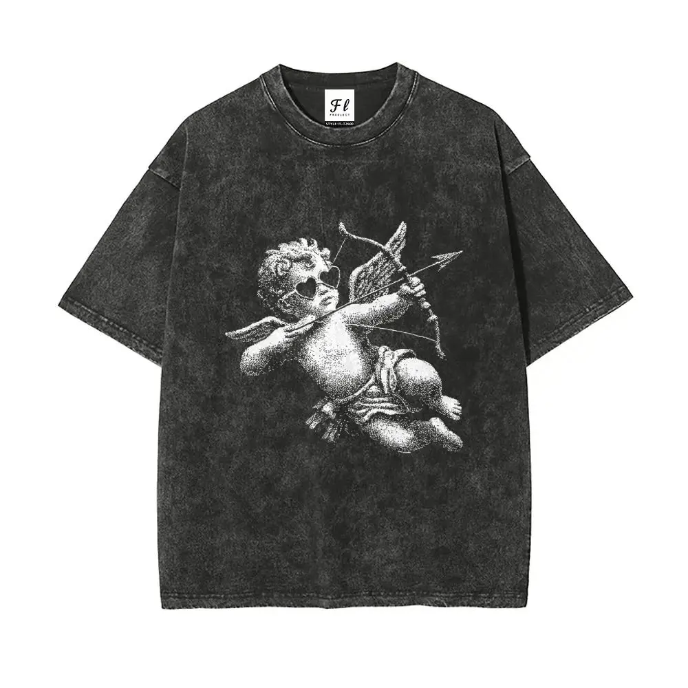 Cherub Angel Cupid Vintage Washed Cotton Graphic Tee, Unisex Oversized Stretch Round Neck Short Sleeve Retro Streetwear Tops, Ideal Valentine’s Day Gift For Men & Women | graphic tees | tiktok shop deals