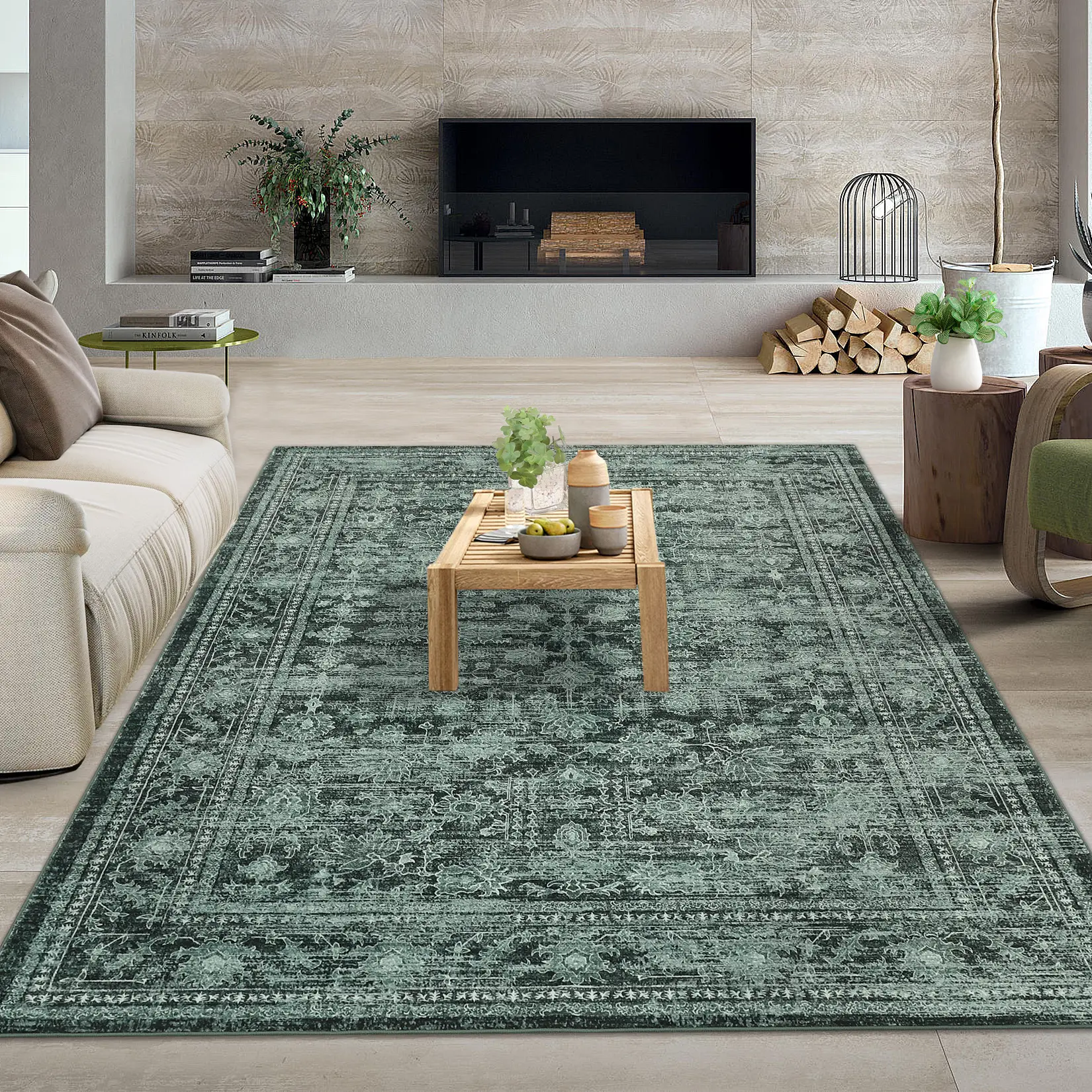 Washable Area Rug Vintage Distressed Non Slip Water Resistant Foldable Carpet for Living Room Bedroom Nursery Kids Pet Friendly Home Decor