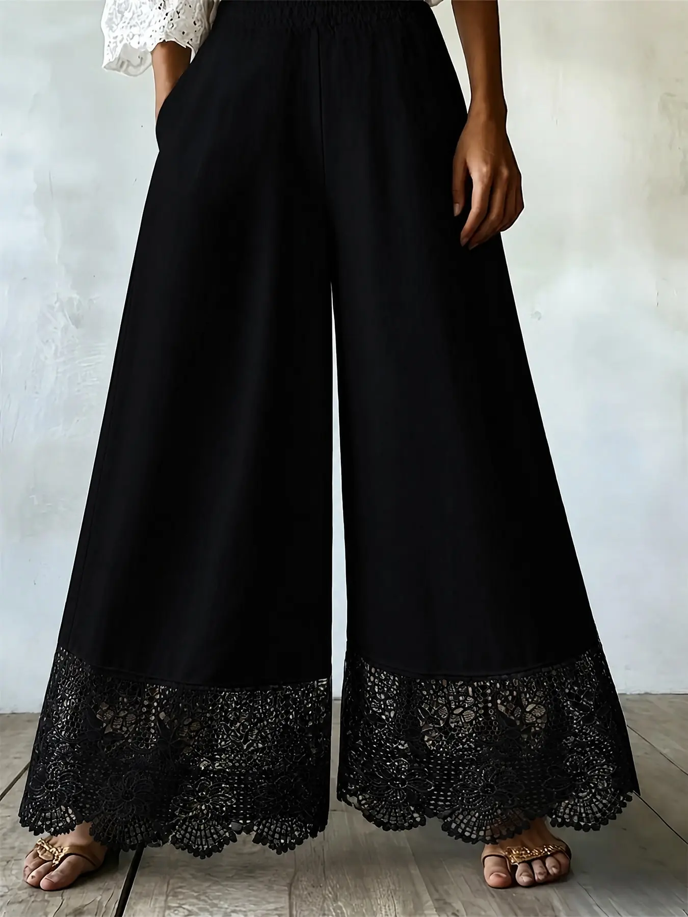 Women's New Vintage Solid Color Boho Floral Lace Trim Elastic Flowy Wide Leg Long Pants Bottoms, Stylish and Comfortable, Perfect for Casual Wear
