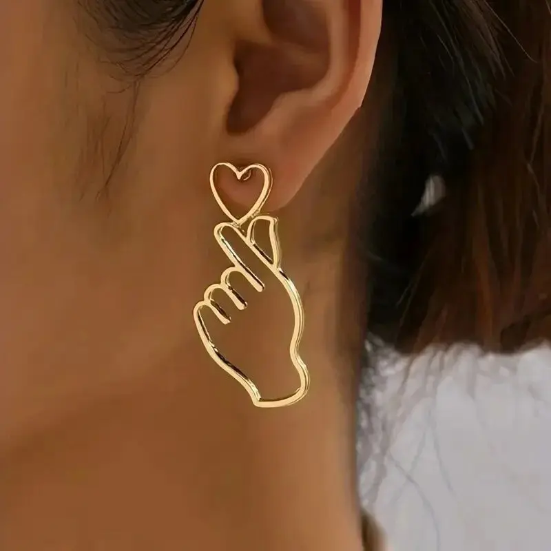 Hollow Finger Heart Stud Earrings for Women Creative Statement Ear Jewelry