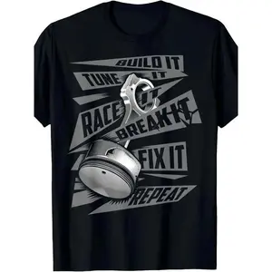 Racing T-Shirt Black Build Tune Race Break Fix Repeat Graphic Tee for Car Enthusiasts Casual Cotton