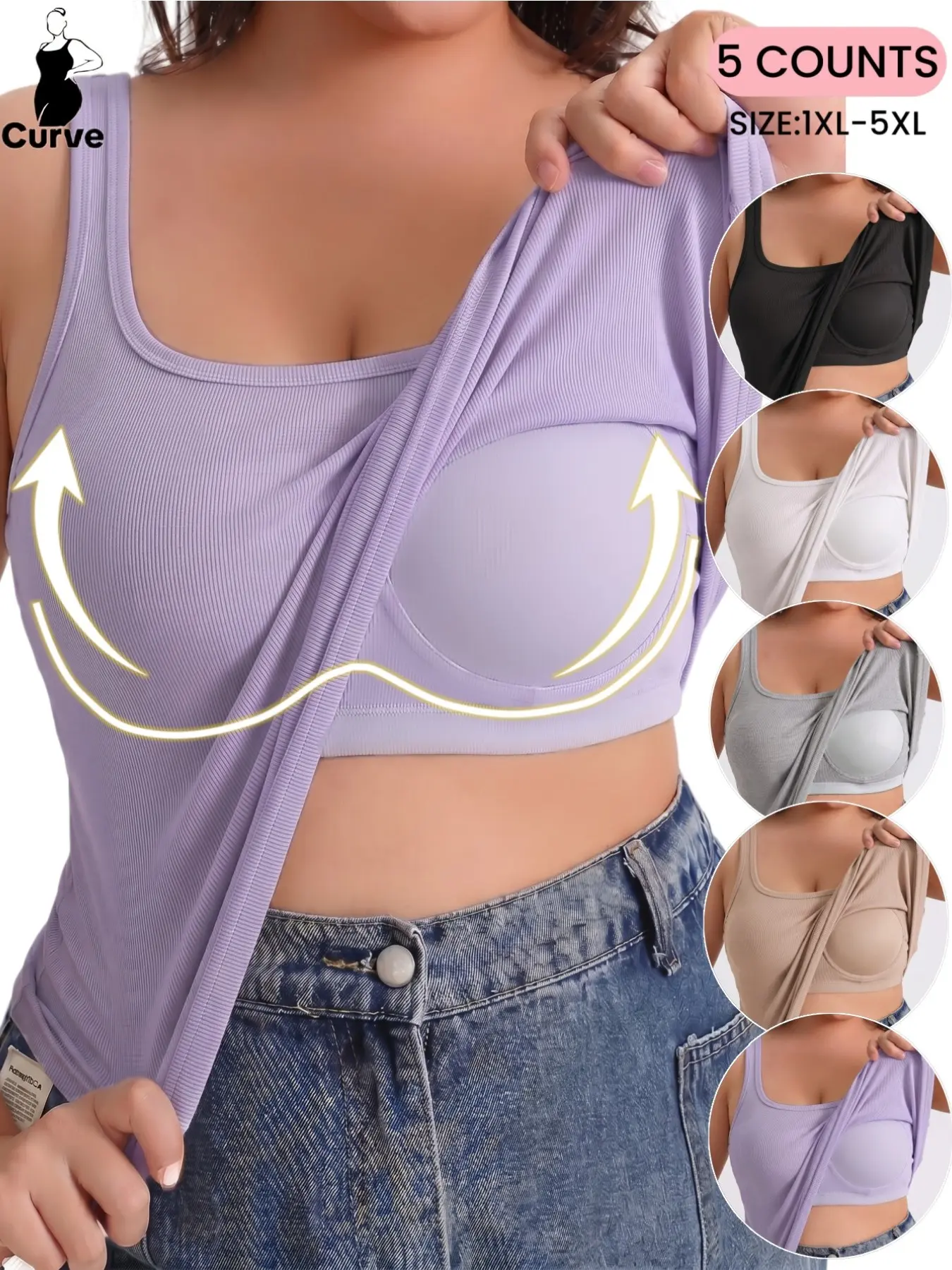 Plus Size Women's Soft Comfortable Strapless Tank Top with Built In Bra, Breathable Sleeveless Vest, Casual Daily Wear Cami Top, Underwear, All Seasons