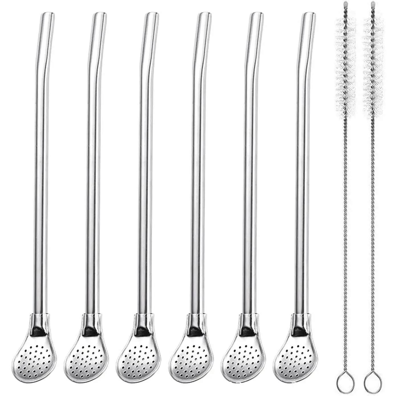 Stainless Steel Drinking Straws with Filter Spoon 6 count Yerba Mate  Bombilla Drinking Straws with 2 count Cleaning Brushes Set, 7.1inch Long