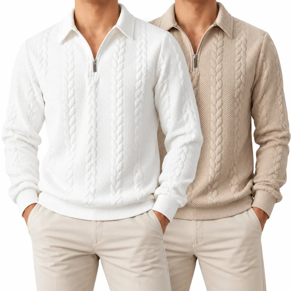 1/2 Pack Menswear Knitted Polo Neck Long Sleeve Fitted Knitwear Sweatshirt for Daily Wear, Men’s Cable Knit Quarter Zip Sweater,  Vintage Textured Collared Pullover, Essential for Man's Wardrobe